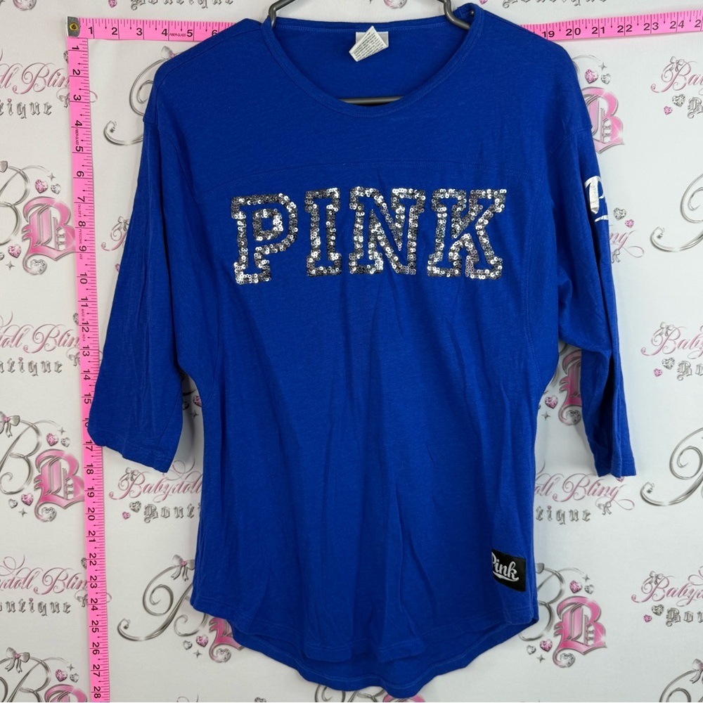 PINK Victoria's Secret sparkly top shirt Royal Blue Sequin Logo Long Sleeve Tee